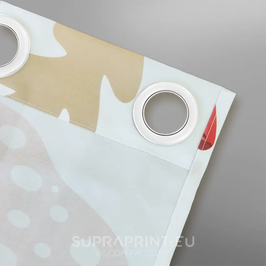 zasłonki z własnym nadrukiem - obszycie przelotki białe