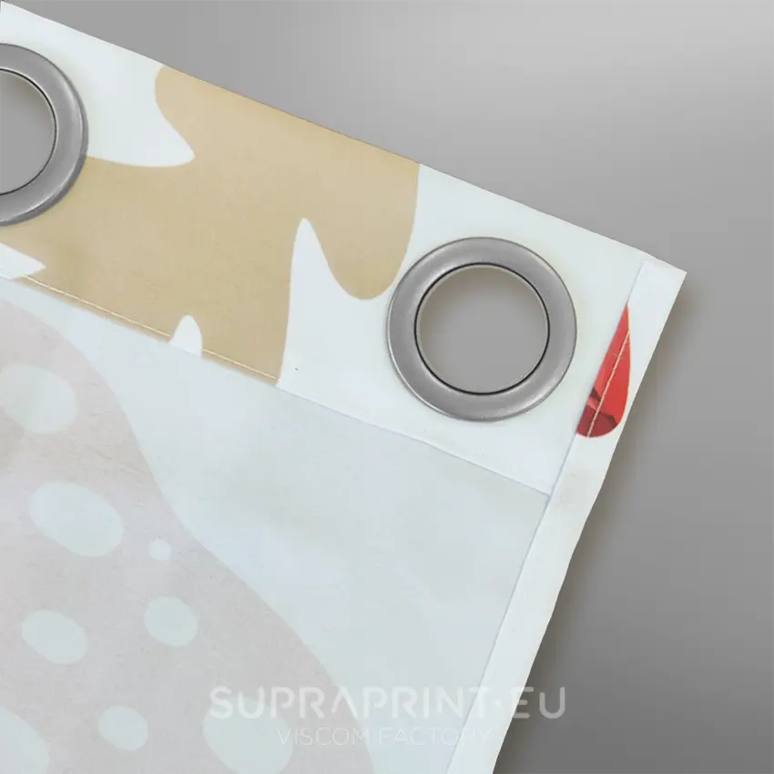 firany z własnym nadrukiem - obszycie przelotki srebrne satyna