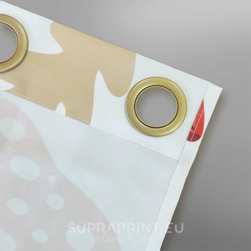 firany z dowolny nadrukiem - obszycie przelotki złote satyna